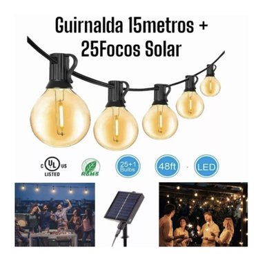 LUCES GUIRNALDAS LED 25 FOCOS 15METROS PARA JARDÍN EXTERIOR SOLAR
