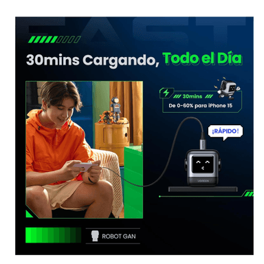 CARGADOR UGREEN TIPO USB C 30W NEXODE GAN ROBOT CON PANTALLA - 4