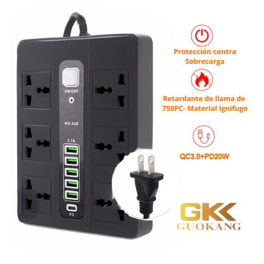 EXTENSIÓN CARGADOR MULTIFUNCIONAL GK A39 NEGRO CON PUERTOS USB Y PROTECCIÓN ELÉCTRICA