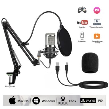 MICRÓFONO CONDENSADOR PROFESIONAL GRABACION ESTUDIO USB CON BRAZO AJUSTABLE ANTIPOP