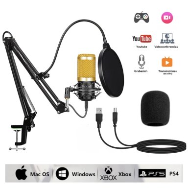 MICRÓFONO CONDENSADOR PROFESIONAL GRABACION ESTUDIO USB CON BRAZO AJUSTABLE ANTIPOP
