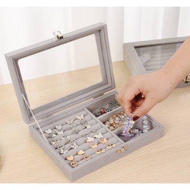 JOYERO TERCIOPELO GRIS ORGANIZADOR PARA ANILLOS ARETES