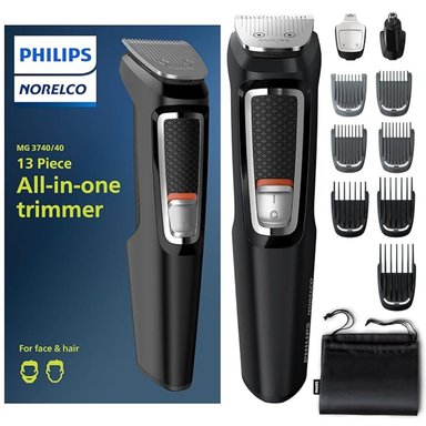 PHILIPS NORELCO MULTI GROOMER SERIE 3000-13 PIEZAS PARA HOMBRE, KIT DE ASEO PARA BARBA, CARA, NARIZ, OREJA Y CORTADORA DE PELO