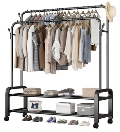 PERCHERO COLGADOR DOBLE ORGANIZADOR DE 2 REPISAS CON RUEDAS PREMIUM