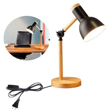 LÁMPARA ESCRITORIO STYLE NEGRO CON BASE DE MADERA RUSTICA CON LUZ CALIDA