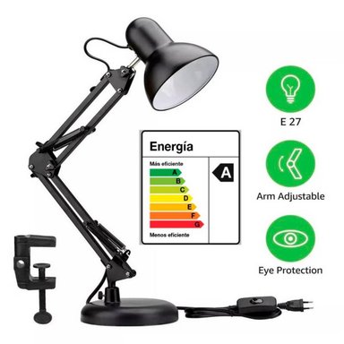 LÁMPARA ESCRITORIO SEISA MT-811 NEGRO CON BRAZO AJUSTABLE DE METAL PARA MESA