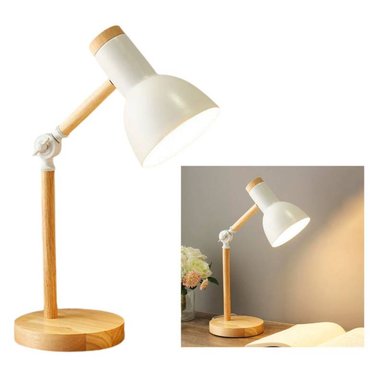 LÁMPARA ESCRITORIO STYLE BLANCO CON BASE DE MADERA RUSTICA CON LUZ CALIDA