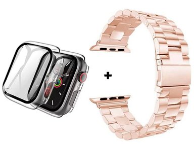 CORREA PARA APPLE WATCH 41MM METALICA ESLABON ROSA GOLD + BUMPER CON VIDRIO TRANSPARENTE - 1