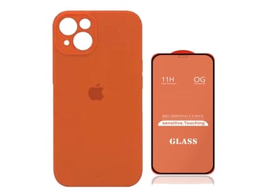 CASE IPHONE 14 SILICONA CON P/CÁMARA NARANJA + MICA DE VIDRIO COMPLETO - 1