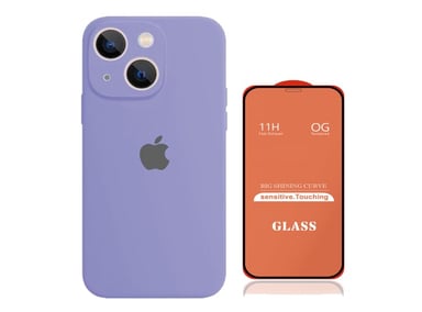 CASE IPHONE 14 SILICONA CON P/CÁMARA LILA + MICA DE VIDRIO COMPLETO - 1