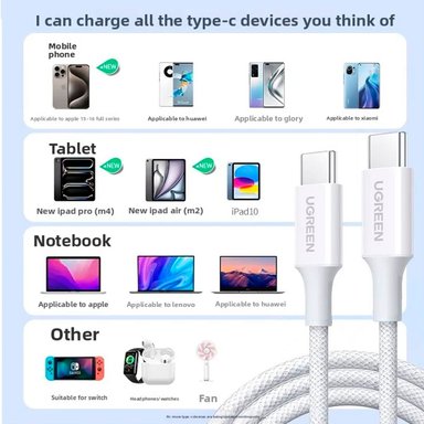 CABLE UGREEN L501 60W 3A 2M FAST CHARGING NYLON BRAIDED BLANCO - 3