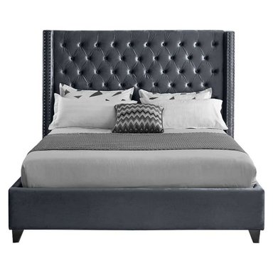 CAMA LEMUEBLE CAPITONÉ 2 PLAZAS TAPIZADA PLOMO OSCURO.