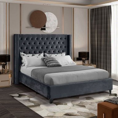 CAMA LEMUEBLE CAPITONÉ 2 PLAZAS TAPIZADA PLOMO OSCURO - 2