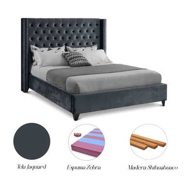 CAMA LEMUEBLE CAPITONÉ 2 PLAZAS TAPIZADA PLOMO OSCURO - 4