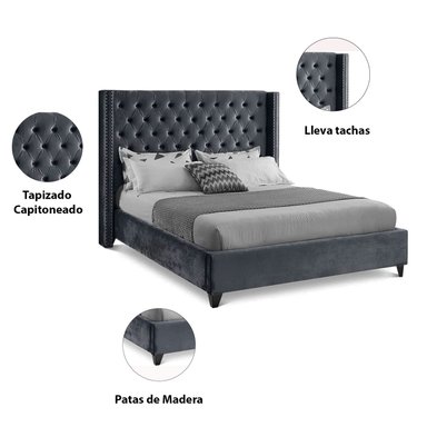 CAMA LEMUEBLE CAPITONÉ 2 PLAZAS TAPIZADA PLOMO OSCURO - 5