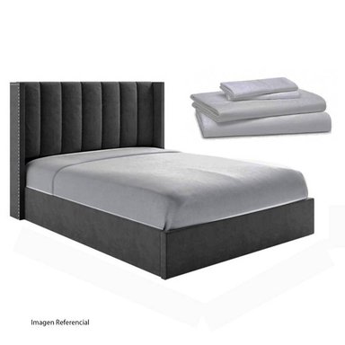 CAMA LEMUEBLE LISTÓN 2 PLAZAS TAPIZADA PLOMO OSCURO + JUEGO SÁBANAS.