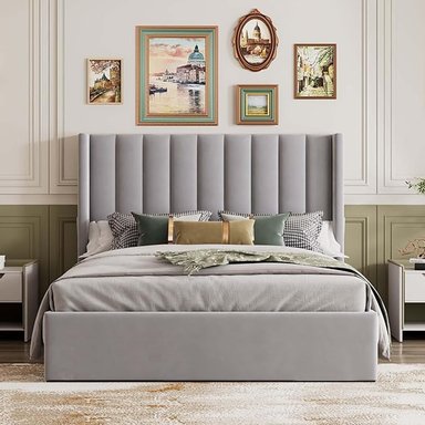 CAMA LEMUEBLE LISTÓN 2 PLAZAS TAPIZADA PLOMO CLARO - 3