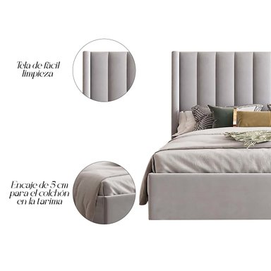 CAMA LEMUEBLE LISTÓN 2 PLAZAS TAPIZADA PLOMO CLARO - 5