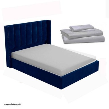 CAMA LEMUEBLE LISTÓN 2 PLAZAS TAPIZADA AZUL + JUEGO SÁBANAS