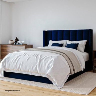CAMA LEMUEBLE LISTÓN 2 PLAZAS TAPIZADA AZUL + JUEGO SÁBANAS - 2