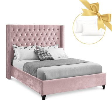 CAMA TAPIZADA CAPITONÉ 1.5 PLZ PALO ROSA + 2 ALMOHADAS
