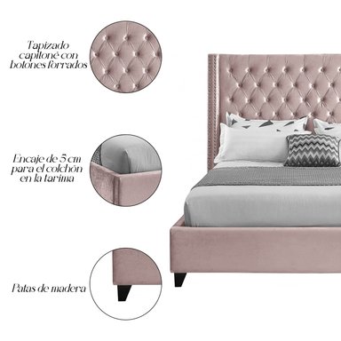 CAMA TAPIZADA CAPITONÉ 1.5 PLZ PALO ROSA + 2 ALMOHADAS - 6