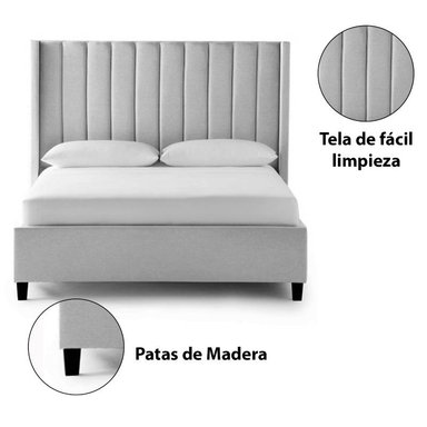 CAMA LEMUEBLE LISTÓN 2 PLAZAS TAPIZADA PLOMO CLARO CON PATAS MADERA - 4