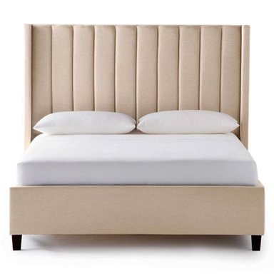 CAMA LEMUEBLE LISTÓN 1.5 PLAZAS TAPIZADA BEIGE CON PATAS MADERA