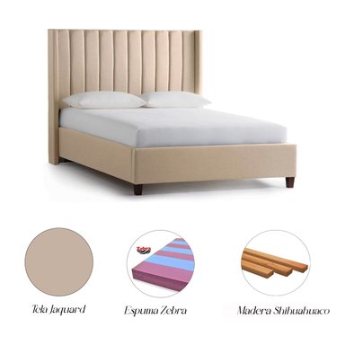 CAMA LEMUEBLE LISTÓN 1.5 PLAZAS TAPIZADA BEIGE CON PATAS MADERA - 4