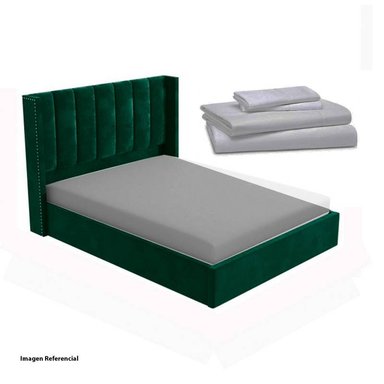 CAMA LEMUEBLE LISTÓN 2 PLAZAS TAPIZADA VERDE OLIVO + JUEGO SÁBANAS