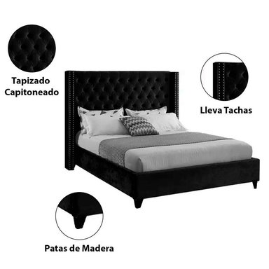 CAMA LEMUEBLE CAPITONÉ 2 PLAZAS TAPIZADA NEGRO - 4
