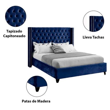 CAMA LEMUEBLE CAPITONÉ 1.5 PLAZAS TAPIZADA AZUL. - 4