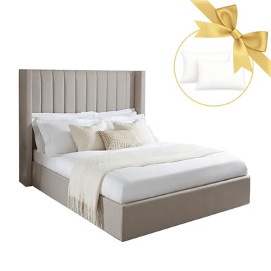 CAMA LEMUEBLE LISTÓN 2 PLAZAS TAPIZADA BEIGE - 1
