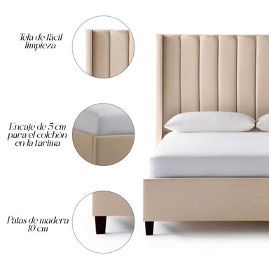 CAMA LEMUEBLE LISTÓN 2 PLAZAS TAPIZADA BEIGE CON PATAS MADERA - 3