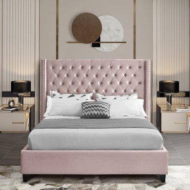 CAMA LEMUEBLE CAPITONÉ 2 PLAZAS TAPIZADA PALO ROSA. - 4