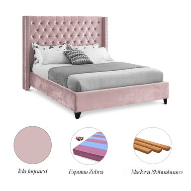 CAMA LEMUEBLE CAPITONÉ 2 PLAZAS TAPIZADA PALO ROSA. - 5