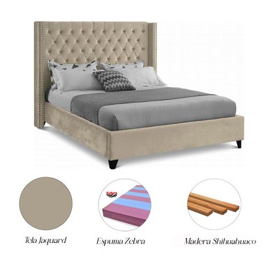 CAMA LEMUEBLE CAPITONÉ 2 PLAZAS TAPIZADA BEIGE - 5