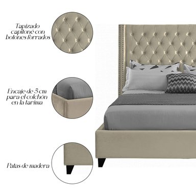 CAMA LEMUEBLE CAPITONÉ 2 PLAZAS TAPIZADA BEIGE - 6
