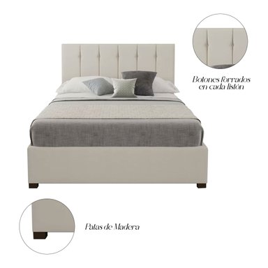 CAMA TAPIZADA LISTÓN CON BOTONES 2 PLAZAS BEIGE - 2