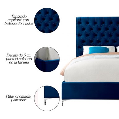 CAMA LEMUEBLE CAPITONÉ ABBA 2 PLAZAS TAPIZADA AZUL - 4