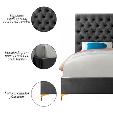 CAMA LEMUEBLE CAPITONÉ ADDA 1.5 PLAZAS TAPIZADA GRIS OSCURO - 3
