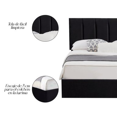 CAMA LEMUEBLE LISTÓN ADDA 1.5 PLAZAS TAPIZADA NEGRO - 2