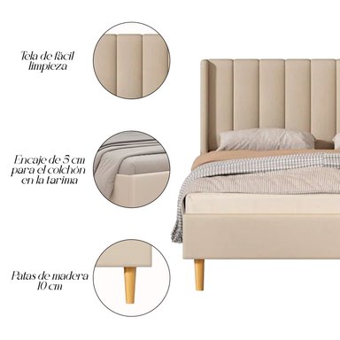 CAMA LEMUEBLE LISTÓN 2 PLAZAS TAPIZADA CON PATAS VINTAGE BEIGE - 2
