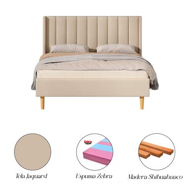 CAMA LEMUEBLE LISTÓN 2 PLAZAS TAPIZADA CON PATAS VINTAGE BEIGE - 3