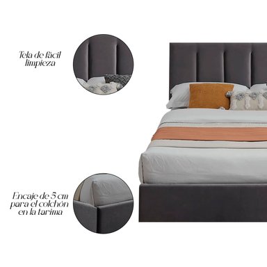 CAMA LEMUEBLE LISTÓN ADDA 1.5 PLAZAS TAPIZADA GRIS OSCURO - 2