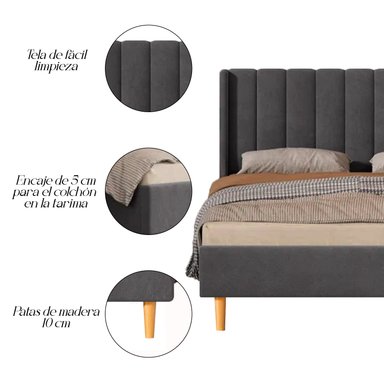 CAMA LEMUEBLE LISTÓN 2 PLAZAS TAPIZADA CON PATAS VINTAGE GRIS OSCURO - 2