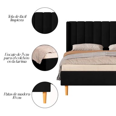 CAMA LEMUEBLE LISTÓN 1.5 PLAZAS TAPIZADA CON PATAS VINTAGE NEGRO - 2