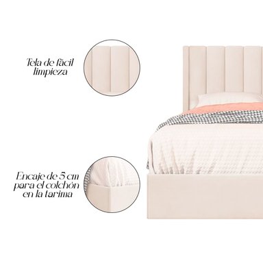 CAMA LEMUEBLE LISTÓN 1.5 PLAZAS TAPIZADA PERLA - 3