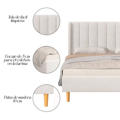 CAMA LEMUEBLE LISTÓN 1.5 PLAZAS TAPIZADA CON PATAS VINTAGE IVORY - 2