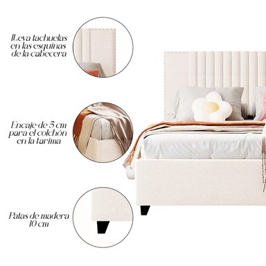 CAMA LEMUEBLE LISTÓN IRIS QUEEN TAPIZADA IVORY - 3